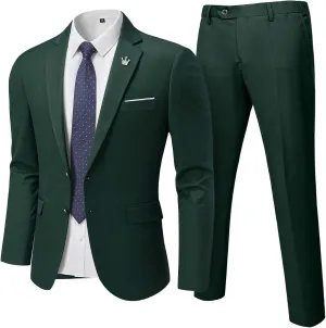 MrSure Men's 2 Piece Slim Fit Suit with Two-Button, Solid Stretch Jacket Pants & Tie Set.
