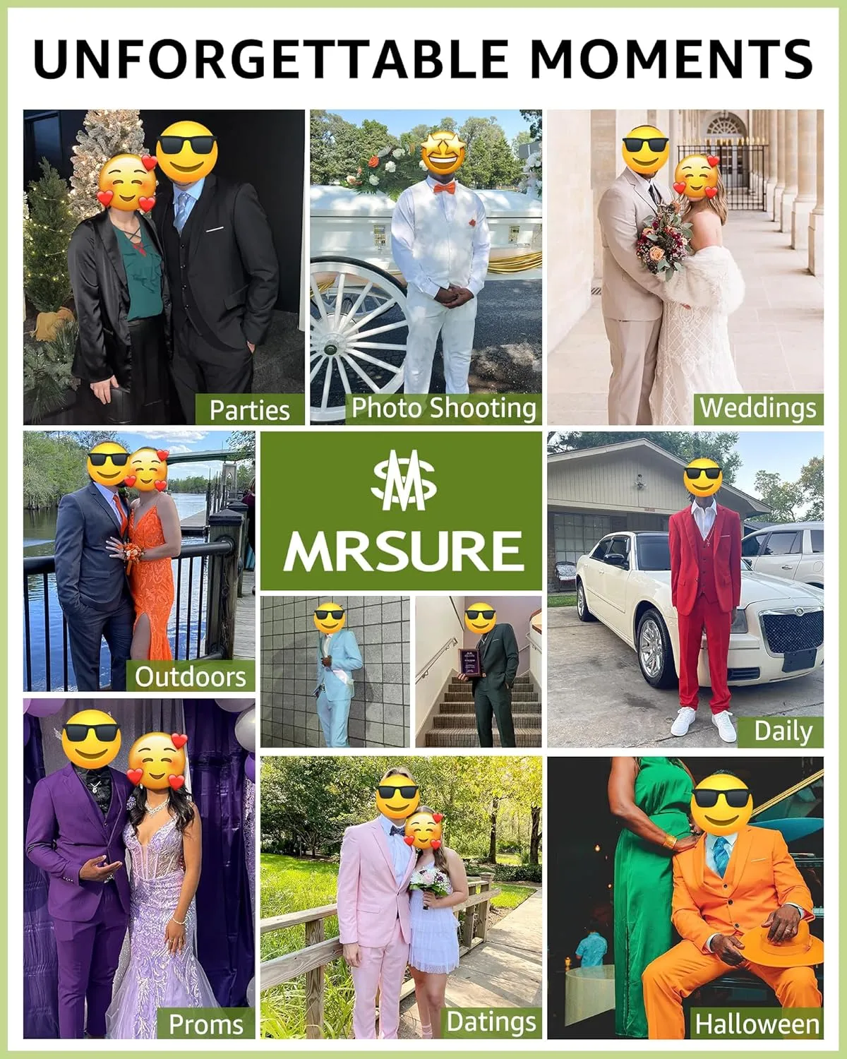 MrSure Men's 2 Piece Slim Fit Suit with Two-Button, Solid Stretch Jacket Pants & Tie Set.