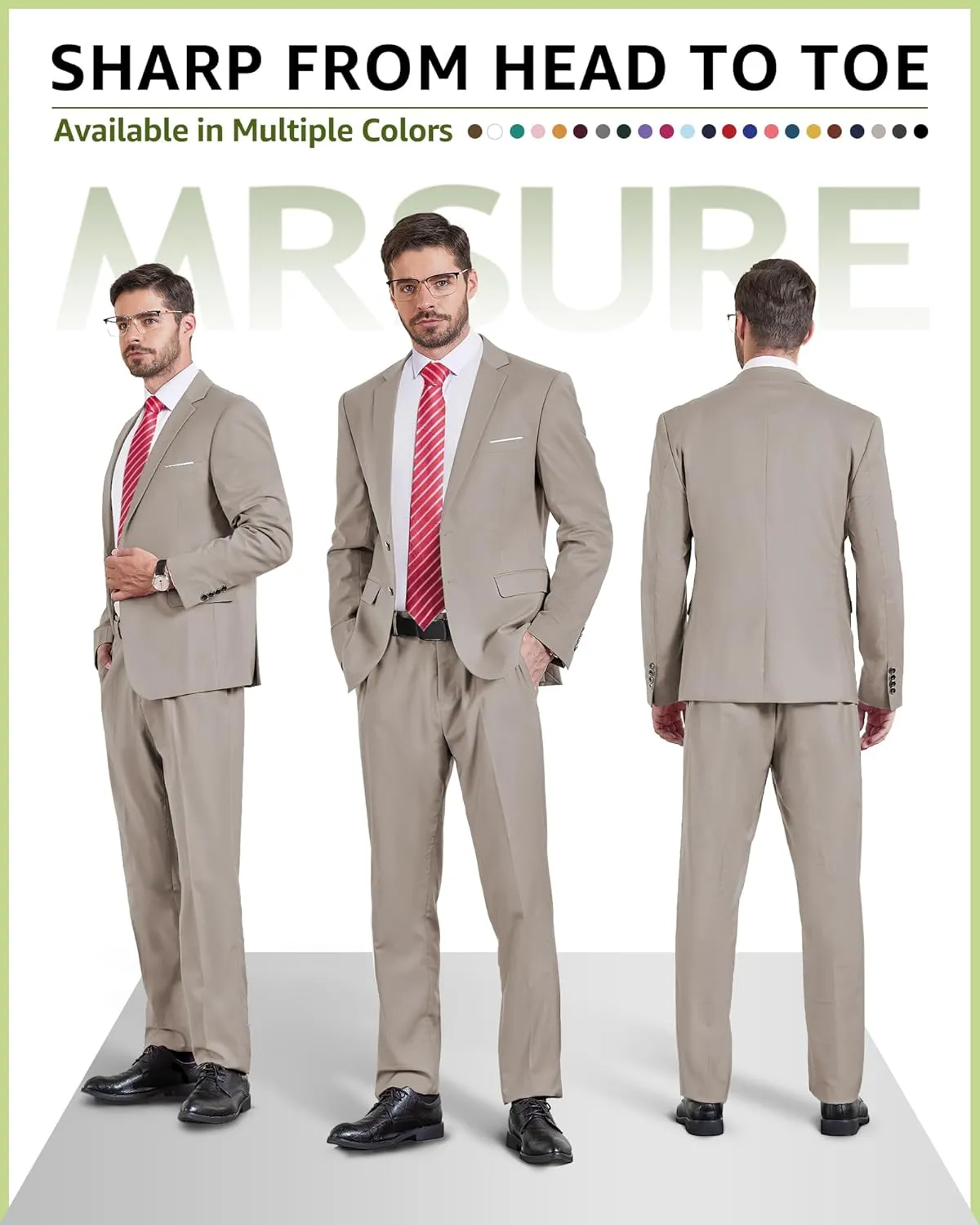 MrSure Men's 2 Piece Slim Fit Suit with Two-Button, Solid Stretch Jacket Pants & Tie Set.