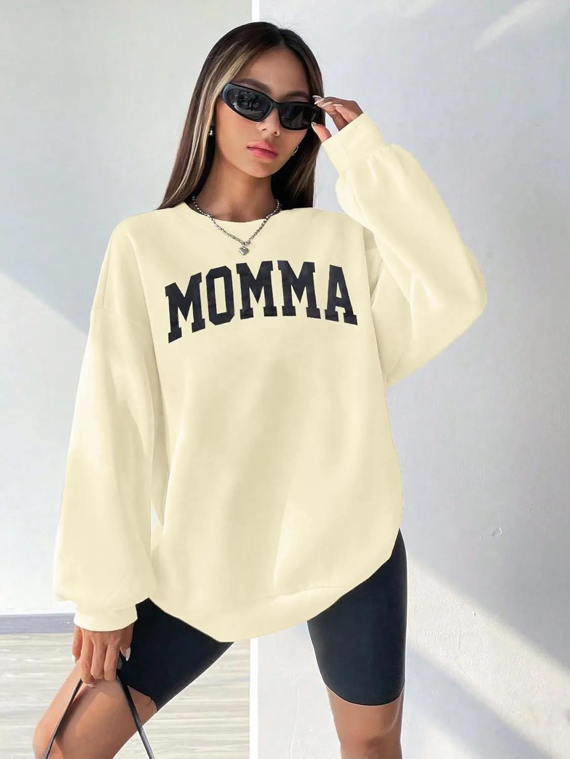 MYHALF Women Mama Oversized Crewneck Sweatshirt: Momma Embroidered Shirt Funny Mom Letter Print Long Sleeve Pullover Tops