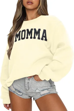 MYHALF Women Mama Oversized Crewneck Sweatshirt: Momma Embroidered Shirt Funny Mom Letter Print Long Sleeve Pullover Tops