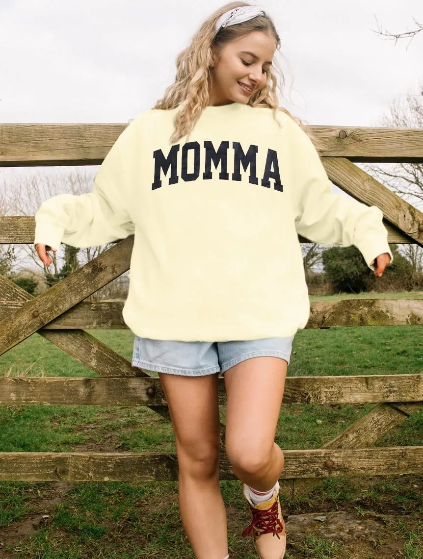 MYHALF Women Mama Oversized Crewneck Sweatshirt: Momma Embroidered Shirt Funny Mom Letter Print Long Sleeve Pullover Tops