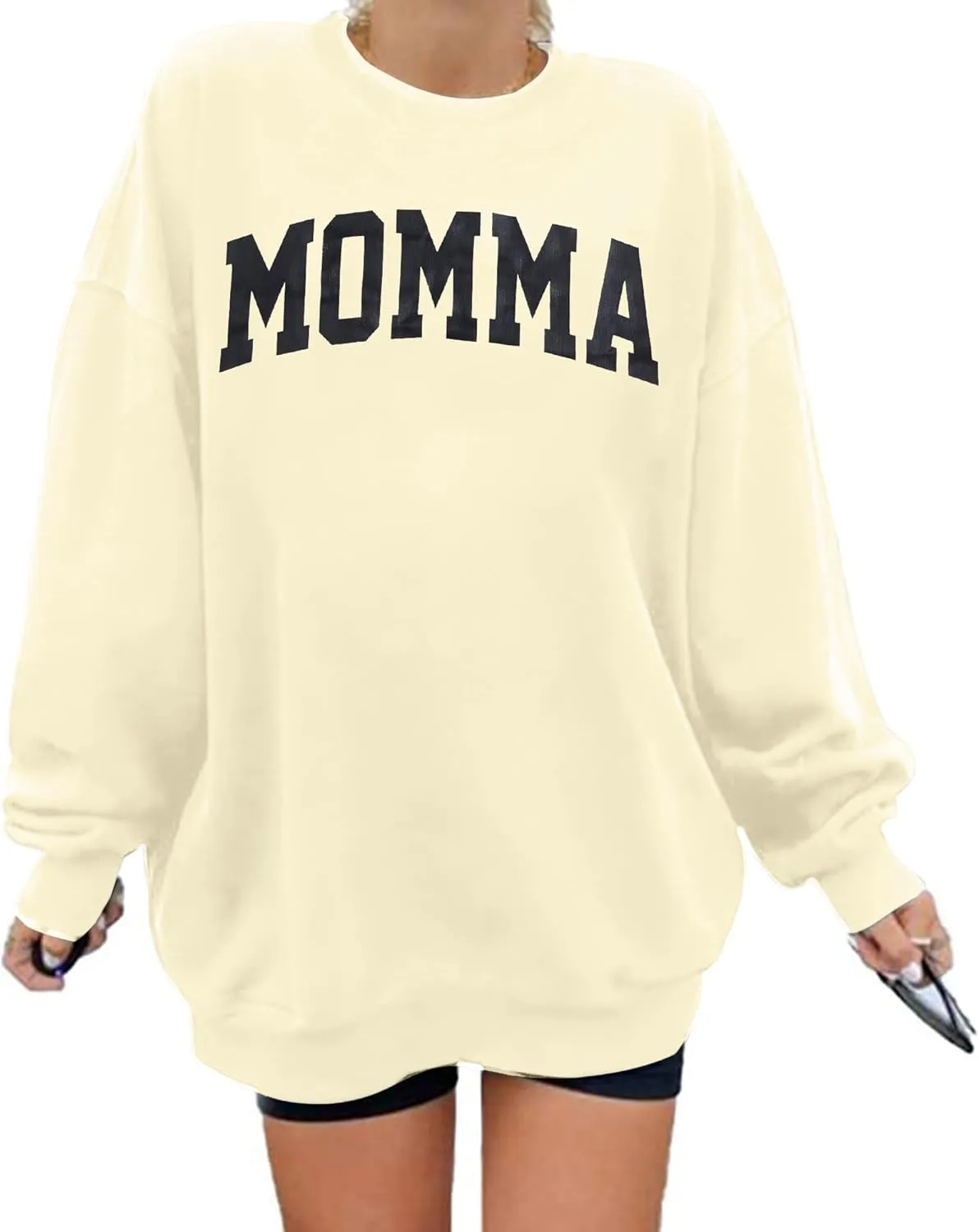 MYHALF Women Mama Oversized Crewneck Sweatshirt: Momma Embroidered Shirt Funny Mom Letter Print Long Sleeve Pullover Tops