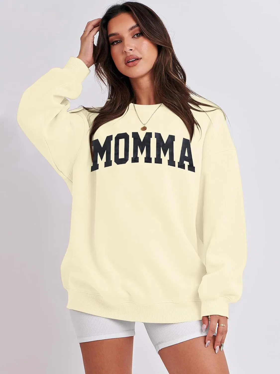 MYHALF Women Mama Oversized Crewneck Sweatshirt: Momma Embroidered Shirt Funny Mom Letter Print Long Sleeve Pullover Tops