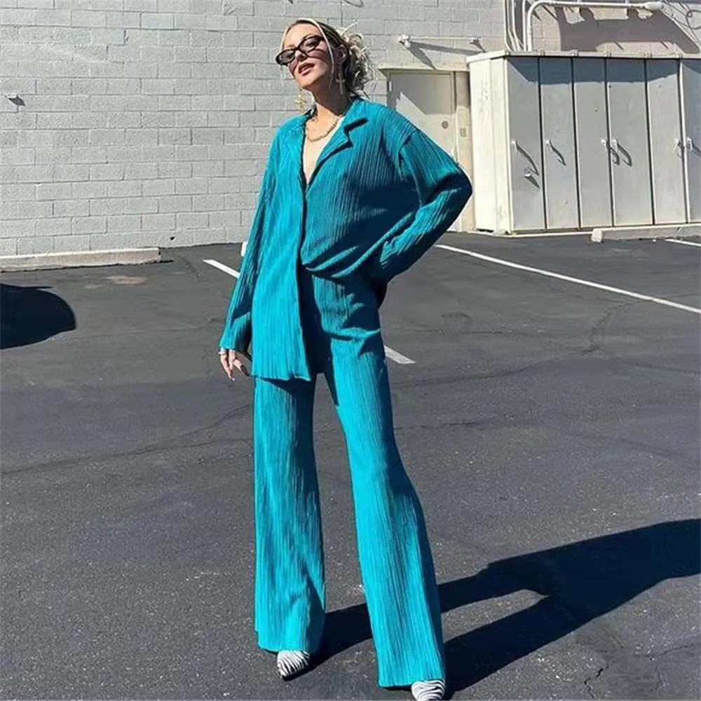 NUFIWI Women Pleated 2 Piece Pants Outfits Casual Loose Button Shirt Blouse Top Long Wide Leg Palazzo Pants Set Jumpsuit