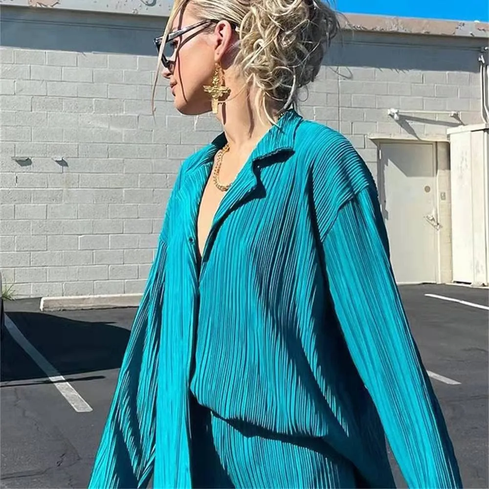 NUFIWI Women Pleated 2 Piece Pants Outfits Casual Loose Button Shirt Blouse Top Long Wide Leg Palazzo Pants Set Jumpsuit