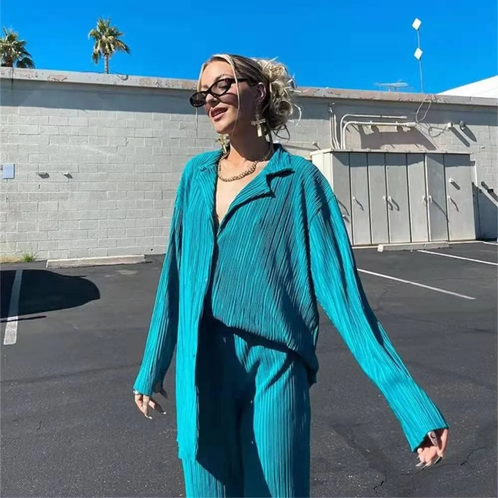 NUFIWI Women Pleated 2 Piece Pants Outfits Casual Loose Button Shirt Blouse Top Long Wide Leg Palazzo Pants Set Jumpsuit
