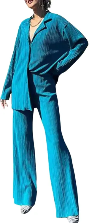 NUFIWI Women Pleated 2 Piece Pants Outfits Casual Loose Button Shirt Blouse Top Long Wide Leg Palazzo Pants Set Jumpsuit