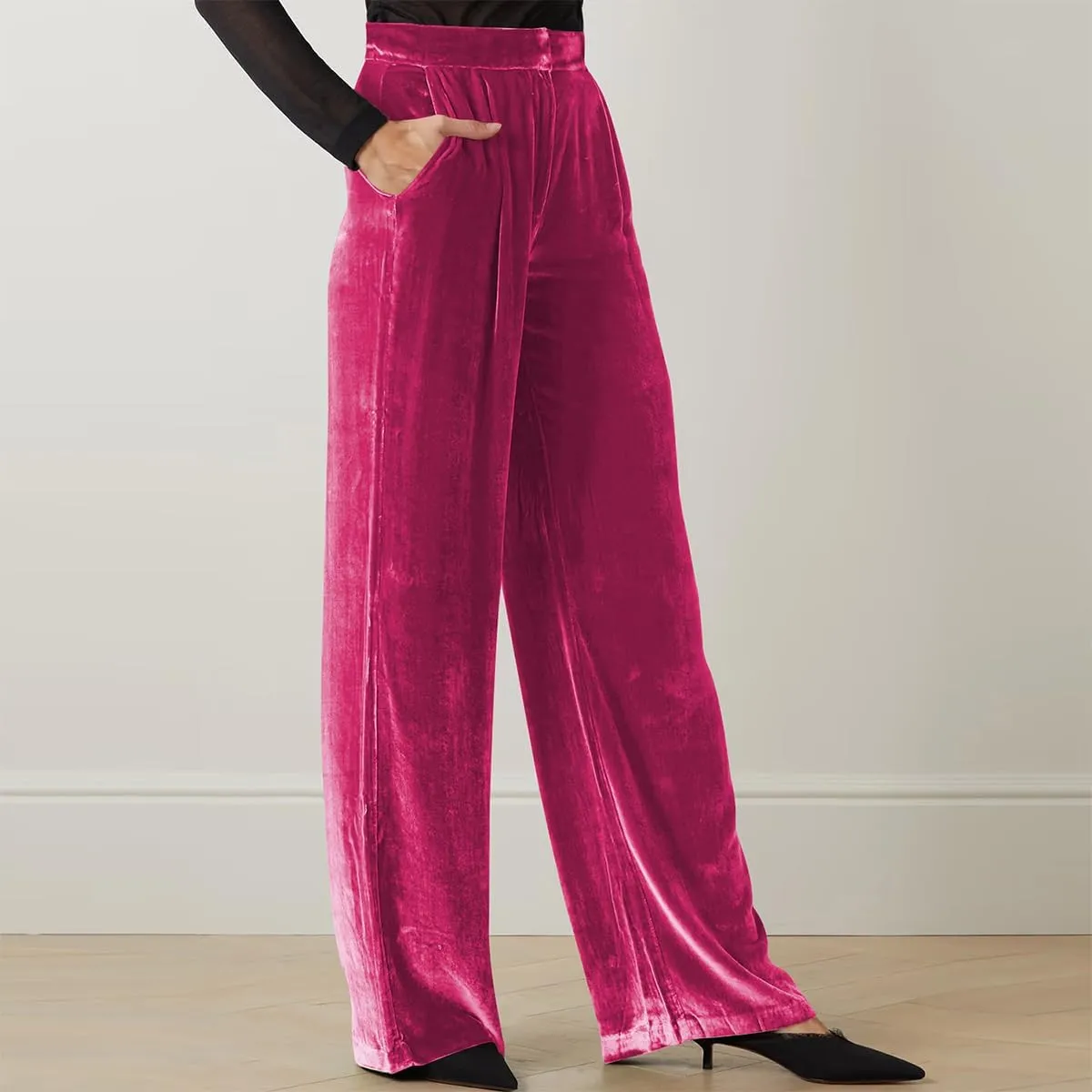 OBEEII Velvet Wide Leg Pants for Women High Waisted Pants Flowy Velvet Pants Casual Fall Winter Trousers with Pockets