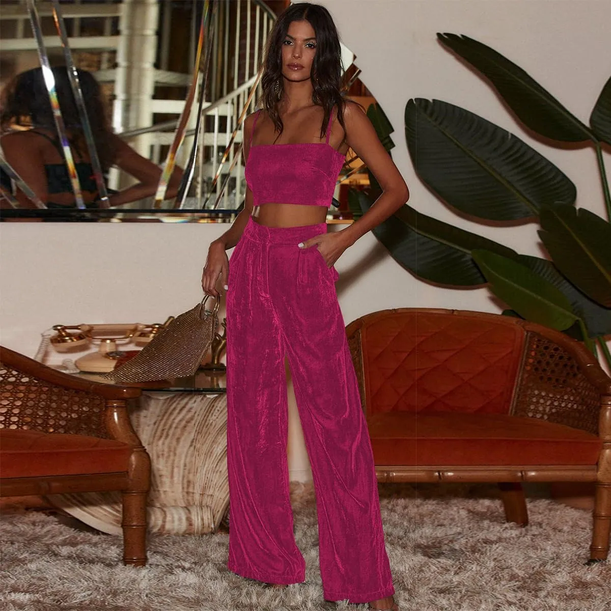 OBEEII Velvet Wide Leg Pants for Women High Waisted Pants Flowy Velvet Pants Casual Fall Winter Trousers with Pockets