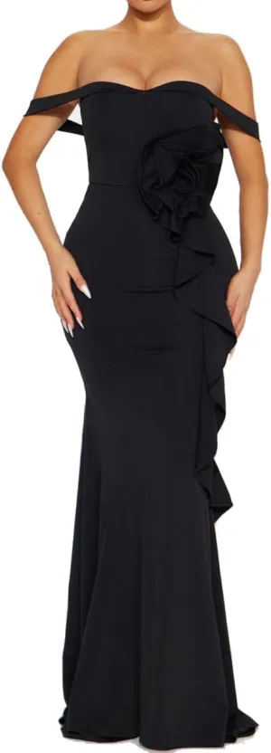 Occasion Gown Off The Shoulder Evening Dress, with Flower Applique, Ruffle
