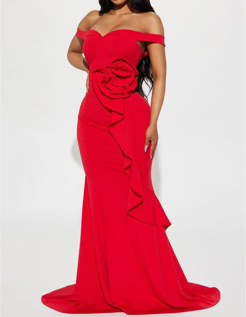 Occasion Gown Off The Shoulder Evening Dress, with Flower Applique, Ruffle