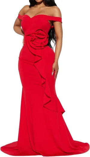 Occasion Gown Off The Shoulder Evening Dress, with Flower Applique, Ruffle