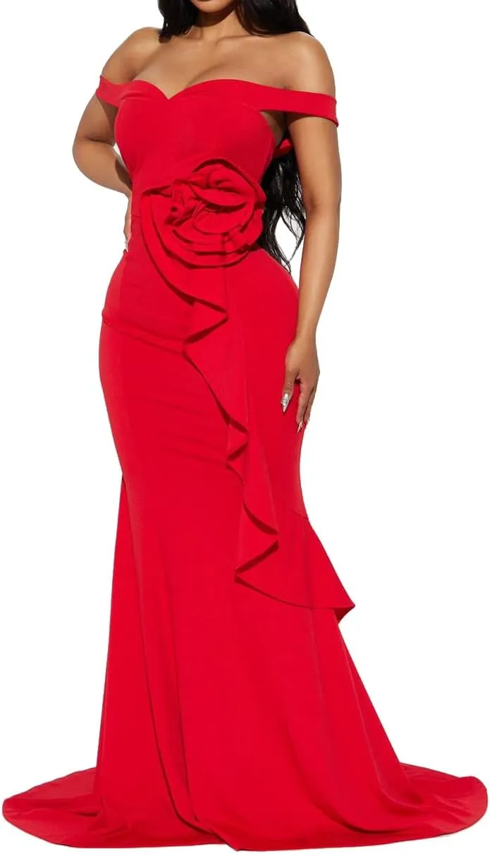 Occasion Gown Off The Shoulder Evening Dress, with Flower Applique, Ruffle