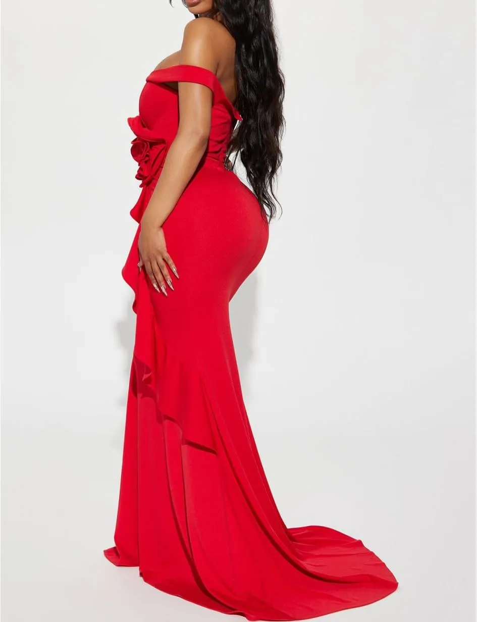 Occasion Gown Off The Shoulder Evening Dress, with Flower Applique, Ruffle