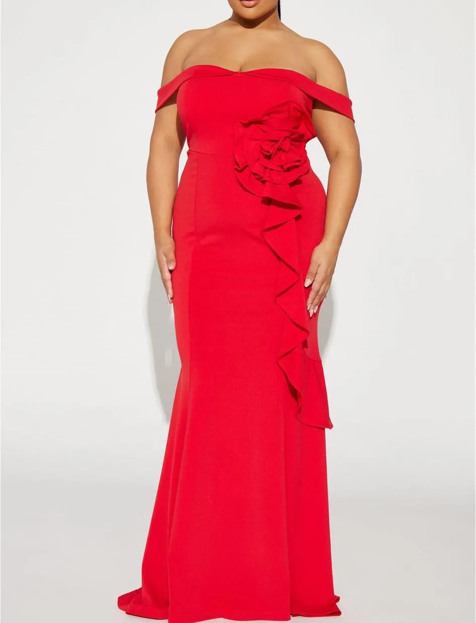 Occasion Gown Off The Shoulder Evening Dress, with Flower Applique, Ruffle