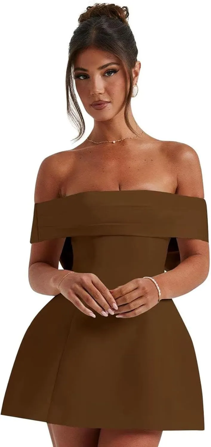 Off Shoulder A-Line Homecoming Dress with Bow Short Cocktail Party Evening Gown