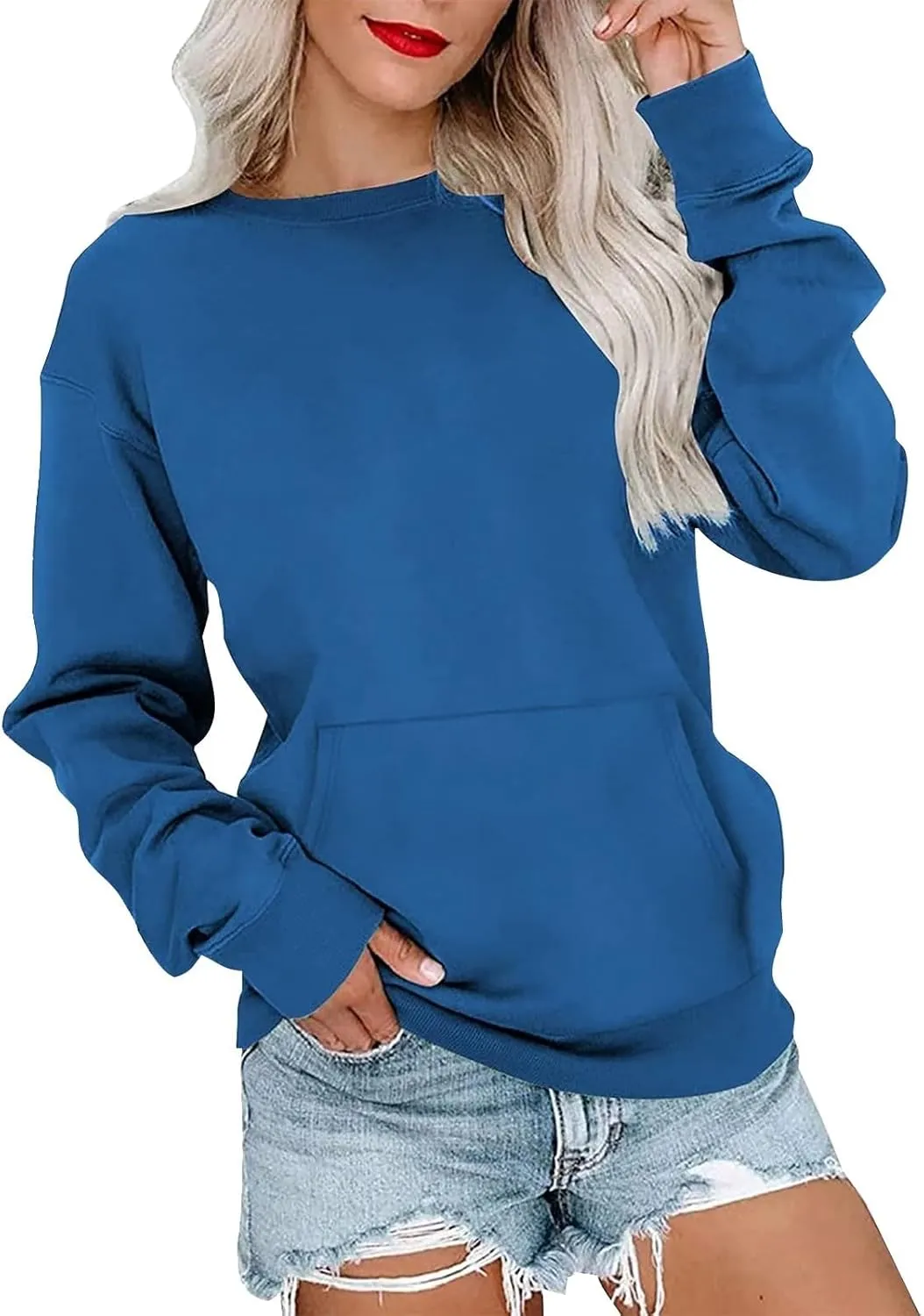 Oversized Sweatshirt for Women Fleece Crewneck Sweatshirts with Pocekt No Hood Casual Comfy Long Sleeve Pullover Tops