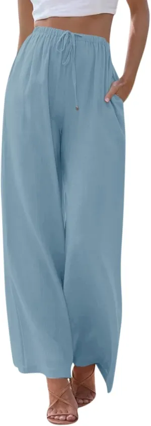 Palazzo Pants for Women 2025 Summer Casual Flowy Cotton Linen Gauze Wide Leg Pants Plus Size Loose fit Beach Cover Up Tall Elastic Waist Long Trousers High Waisted Drawstring Pant(C-Sky Blue,X-Large)