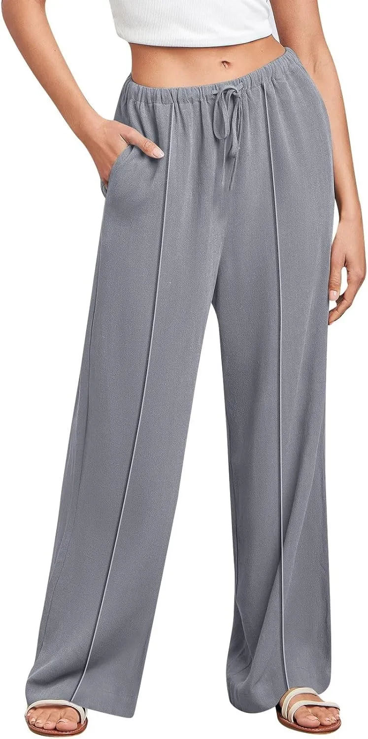 Palazzo Pants for Women, Trendy Boho Linen Wide Leg Trousers, Summer Elastic Waist Flowy Lightweight Beach Pants