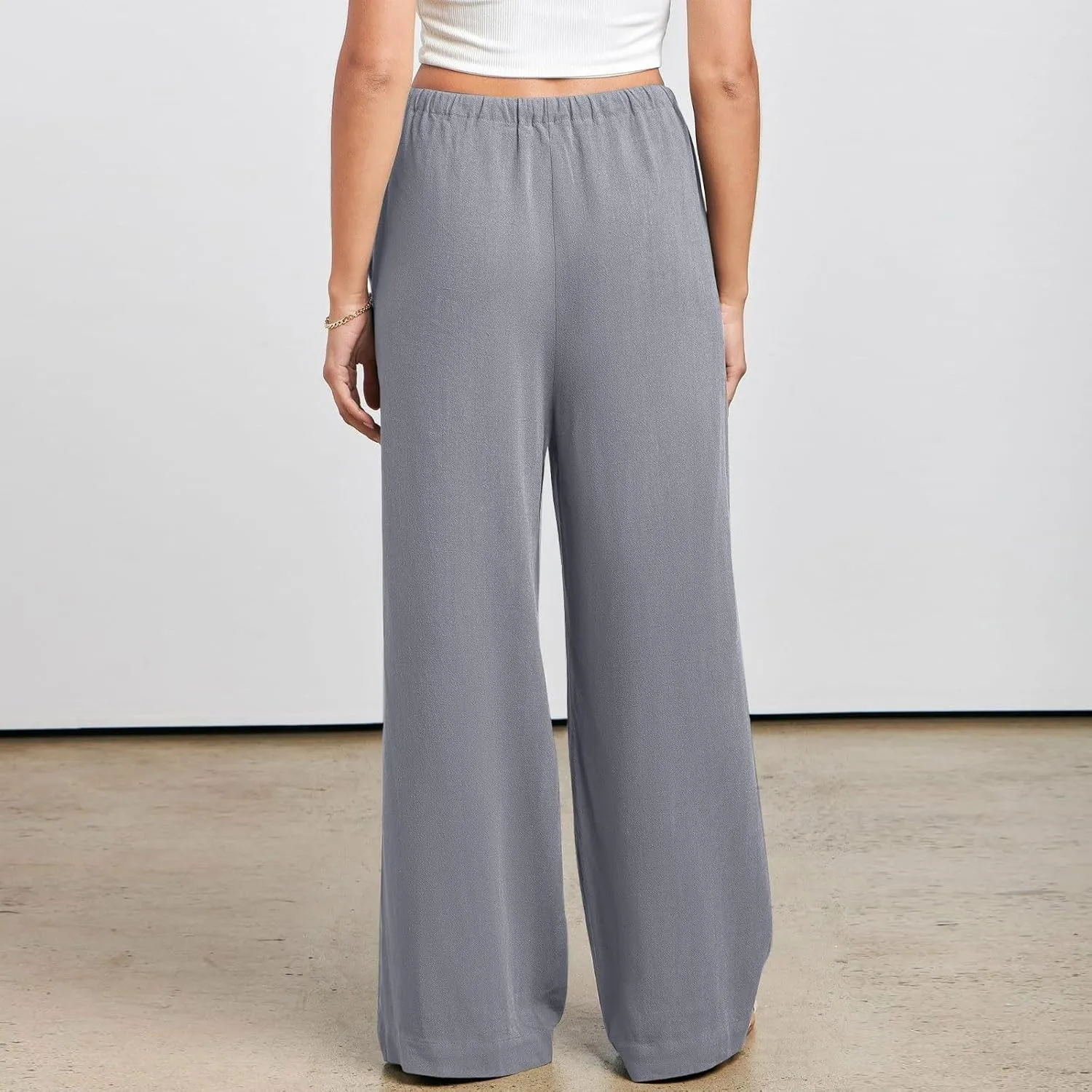 Palazzo Pants for Women, Trendy Boho Linen Wide Leg Trousers, Summer Elastic Waist Flowy Lightweight Beach Pants