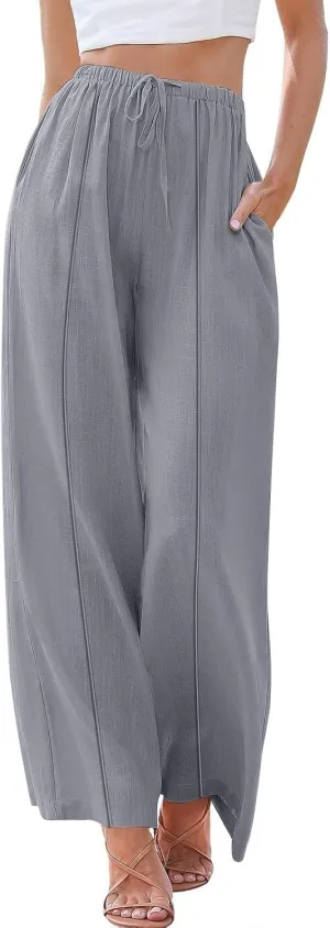Palazzo Pants for Women, Trendy Boho Linen Wide Leg Trousers, Summer Elastic Waist Flowy Lightweight Beach Pants