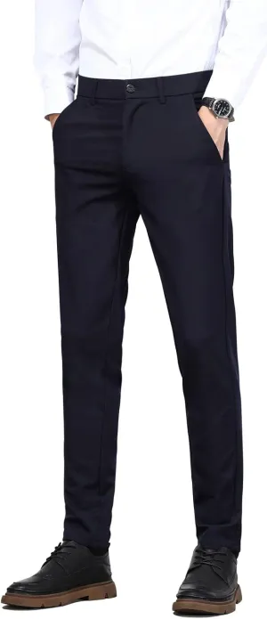 Plaid&Plain Men's 4-Way Flex Stretch Slim Fit Dress Pants