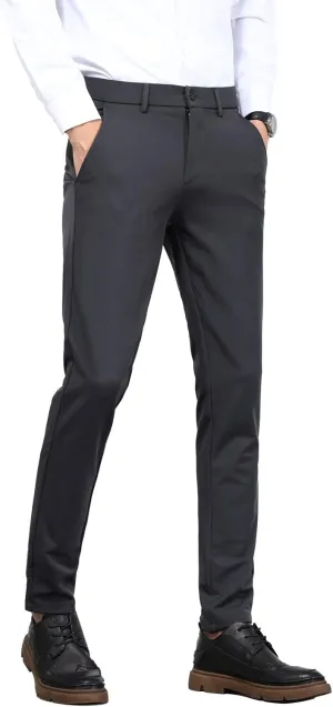 Plaid&Plain Men's 4-Way Flex Stretch Slim Fit Dress Pants