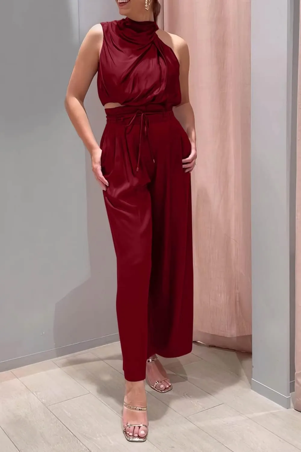 PRETTYGARDEN Women's 2 Piece Outfits 2025 Summer Casual Sleeveless Mock Neck Crop Tops Wide Leg Pants Set