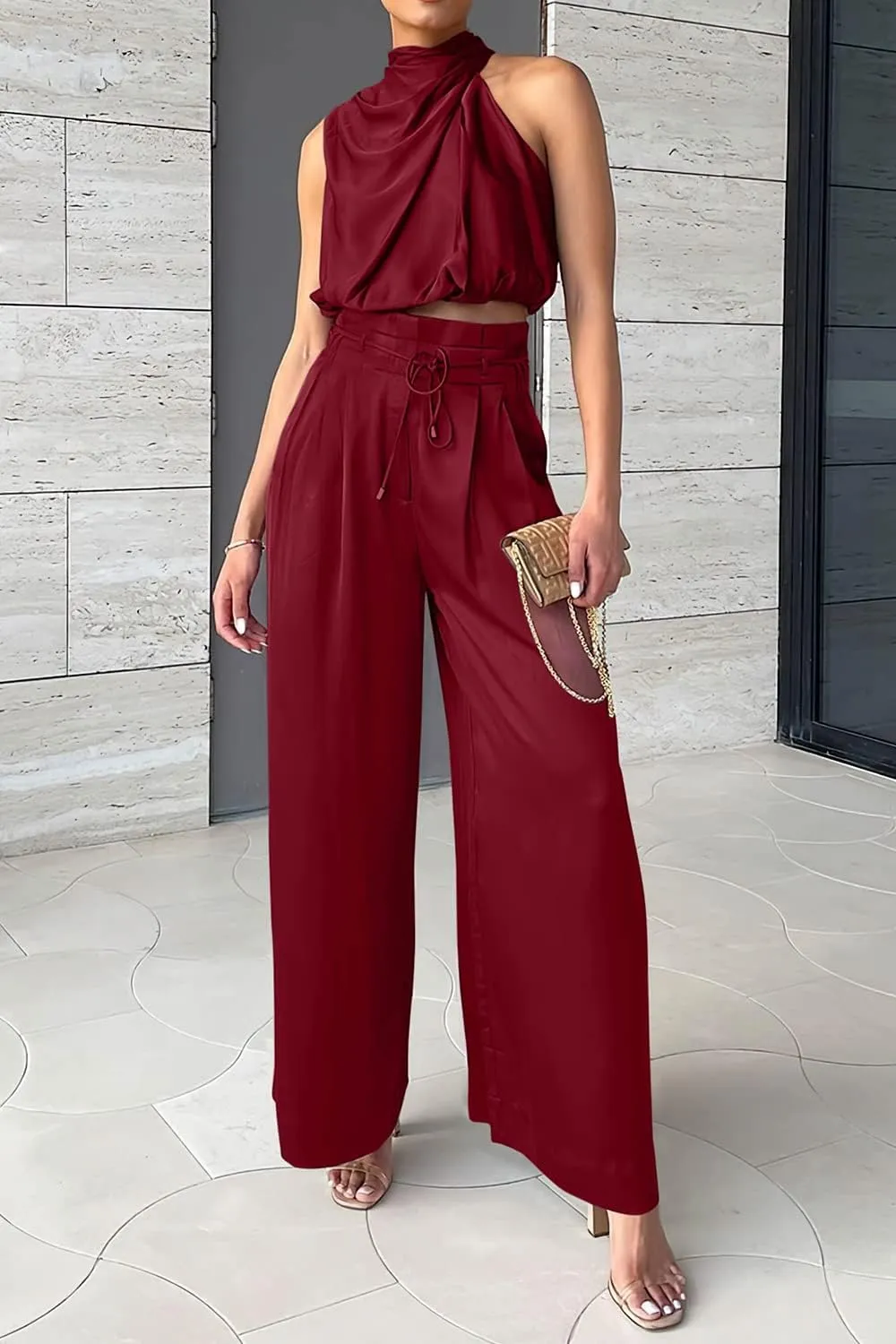 PRETTYGARDEN Women's 2 Piece Outfits 2025 Summer Casual Sleeveless Mock Neck Crop Tops Wide Leg Pants Set