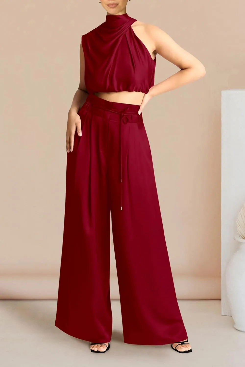 PRETTYGARDEN Women's 2 Piece Outfits 2025 Summer Casual Sleeveless Mock Neck Crop Tops Wide Leg Pants Set