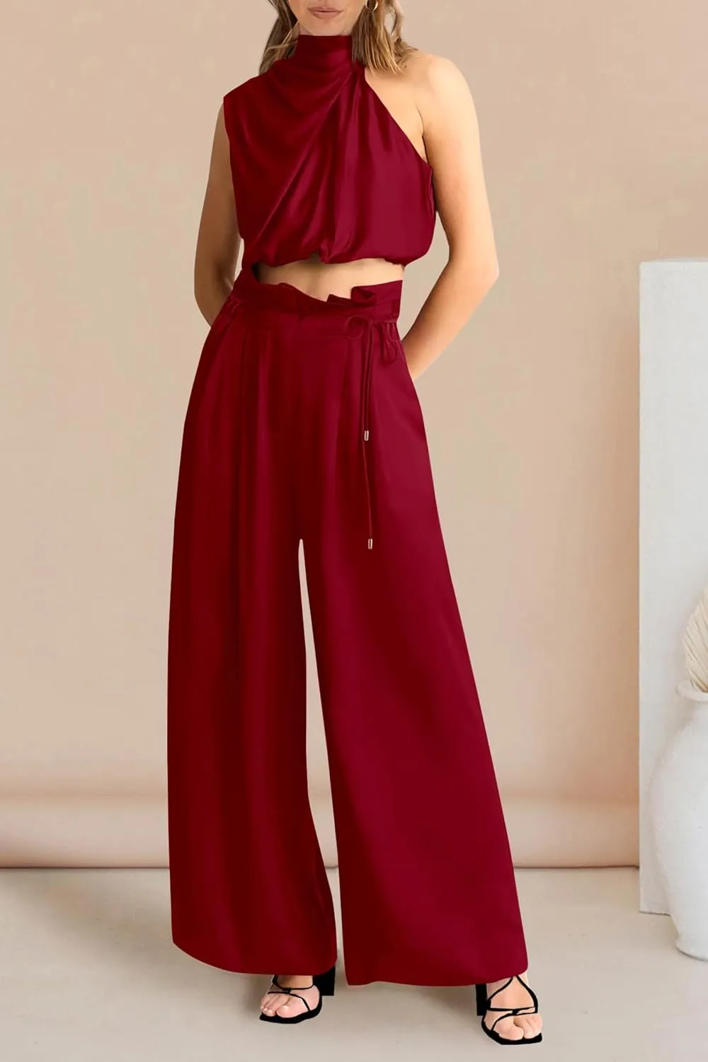 PRETTYGARDEN Women's 2 Piece Outfits 2025 Summer Casual Sleeveless Mock Neck Crop Tops Wide Leg Pants Set