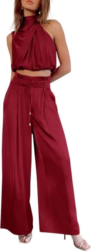 PRETTYGARDEN Women's 2 Piece Outfits 2025 Summer Casual Sleeveless Mock Neck Crop Tops Wide Leg Pants Set