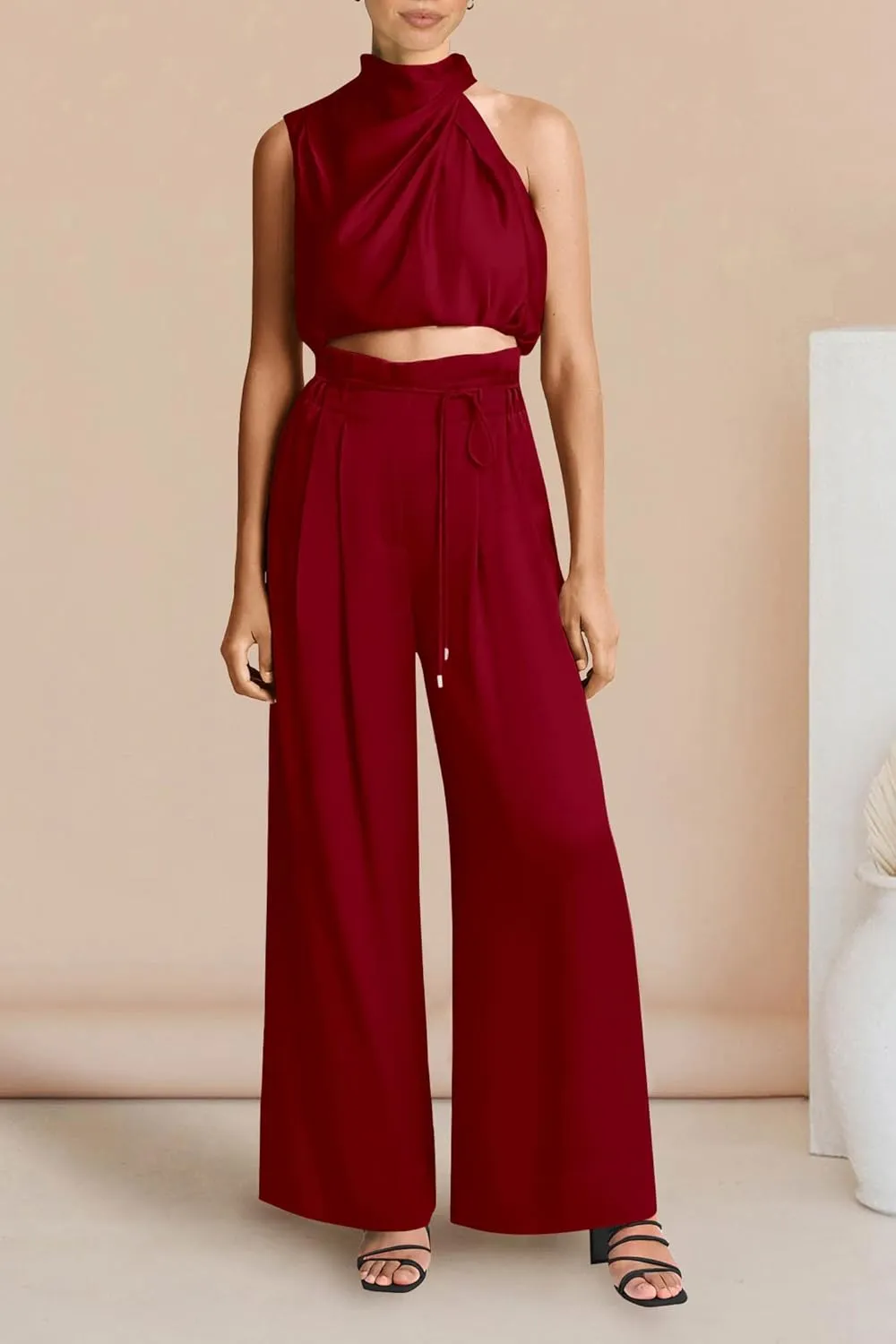 PRETTYGARDEN Women's 2 Piece Outfits 2025 Summer Casual Sleeveless Mock Neck Crop Tops Wide Leg Pants Set
