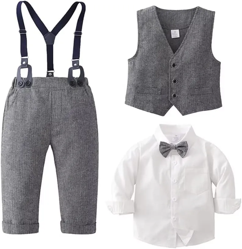 Puremlik Boys' 4-Piece Gentleman Outfits Set with Dress Shirt Bow Tie Vest and Pants for Toddler
