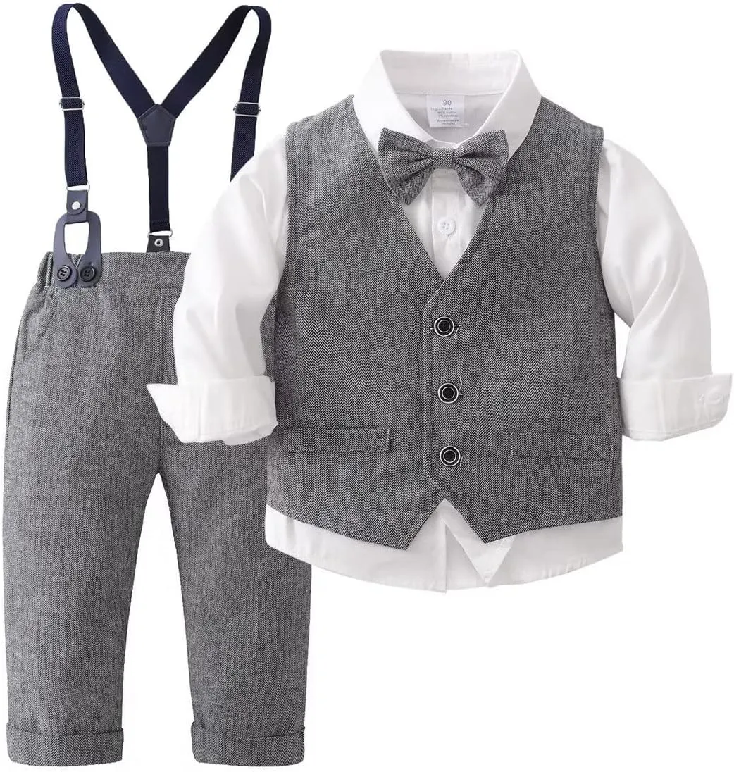 Puremlik Boys' 4-Piece Gentleman Outfits Set with Dress Shirt Bow Tie Vest and Pants for Toddler