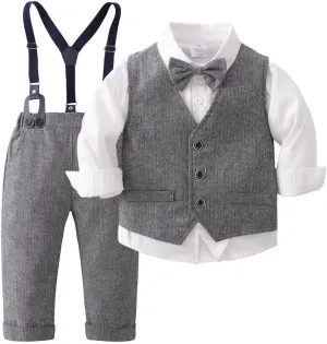 Puremlik Boys' 4-Piece Gentleman Outfits Set with Dress Shirt Bow Tie Vest and Pants for Toddler