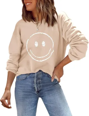 ReachMe Womens Smile Face Sweatshirt Cute Trendy Graphic Sweatshirts Casual Loose Long Sleeve Crewneck Pullover Tops