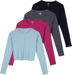 Real Essentials 4 Pack: Women's Cotton Long Sleeve Crew Crop Top - Casual Cropped T-Shirt (Available in Plus Size)