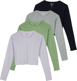 Real Essentials 4 Pack: Women's Cotton Long Sleeve Crew Crop Top - Casual Cropped T-Shirt (Available in Plus Size)