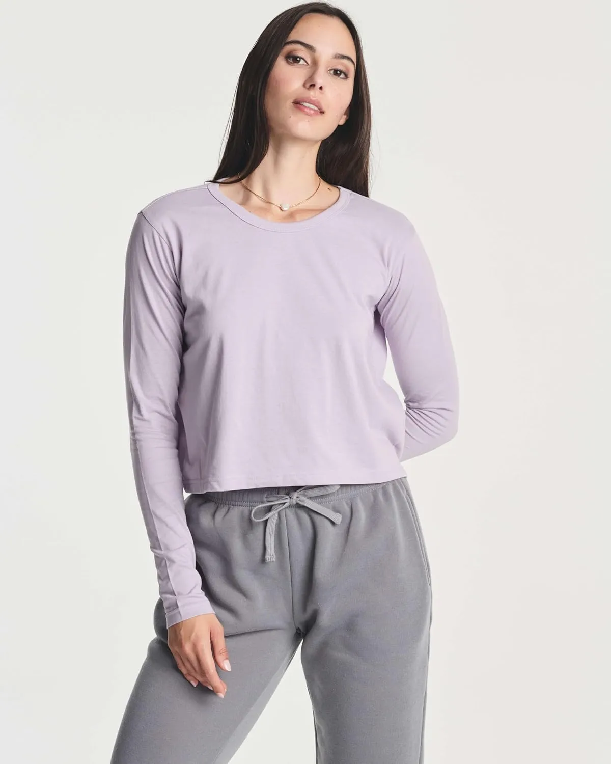 Real Essentials 4 Pack: Women's Cotton Long Sleeve Crew Crop Top - Casual Cropped T-Shirt (Available in Plus Size)