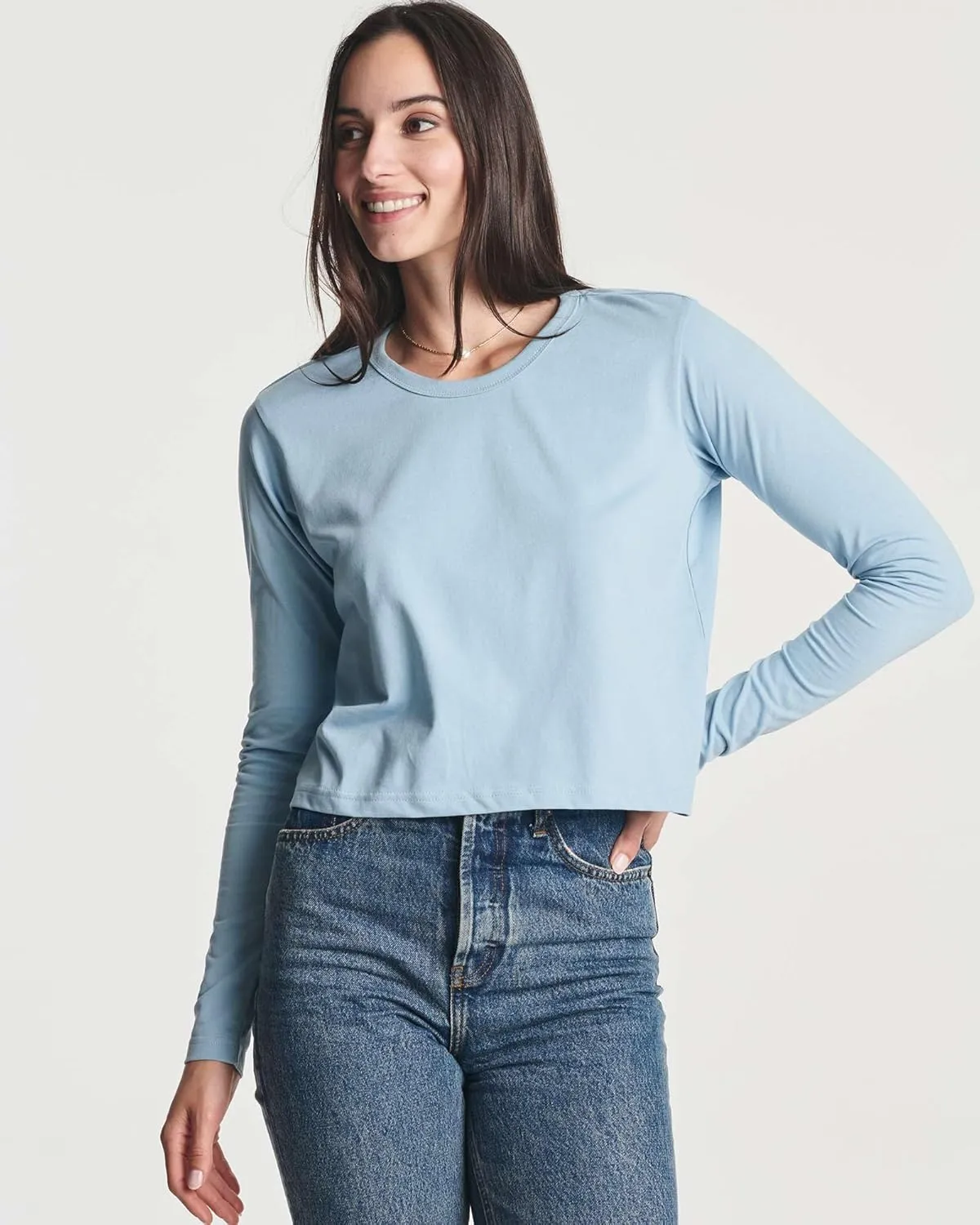 Real Essentials 4 Pack: Women's Cotton Long Sleeve Crew Crop Top - Casual Cropped T-Shirt (Available in Plus Size)