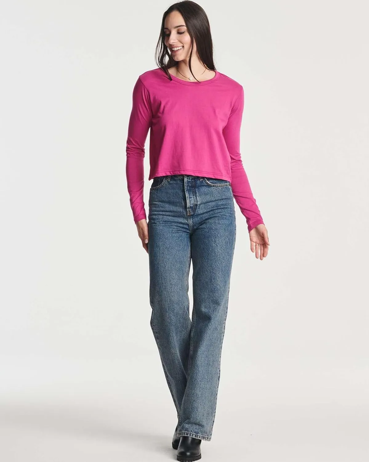 Real Essentials 4 Pack: Women's Cotton Long Sleeve Crew Crop Top - Casual Cropped T-Shirt (Available in Plus Size)