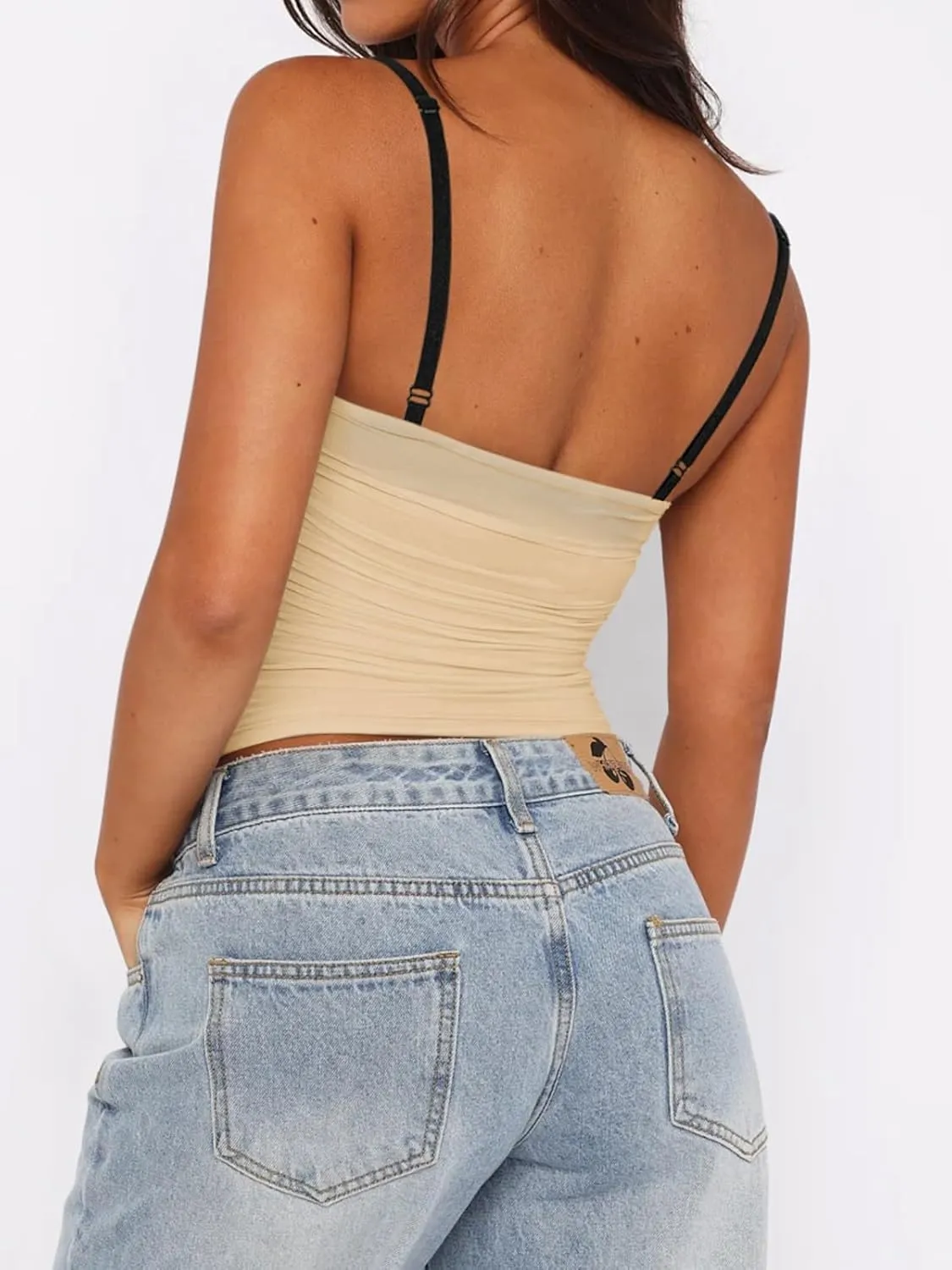REORIA Women's Sexy Sweetheart Neck Going Out Tank Top Adjustable Spaghetti Straps Mesh Ruched Cami Tank Y2k Summer Outfits
