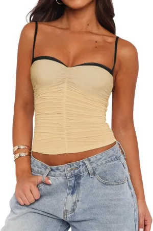 REORIA Women's Sexy Sweetheart Neck Going Out Tank Top Adjustable Spaghetti Straps Mesh Ruched Cami Tank Y2k Summer Outfits