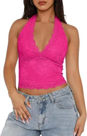 REORIA Womens Sexy V Neck Lace Halter Backless Going Out Double Lined Y2K Trendy Cropped Tank Tops