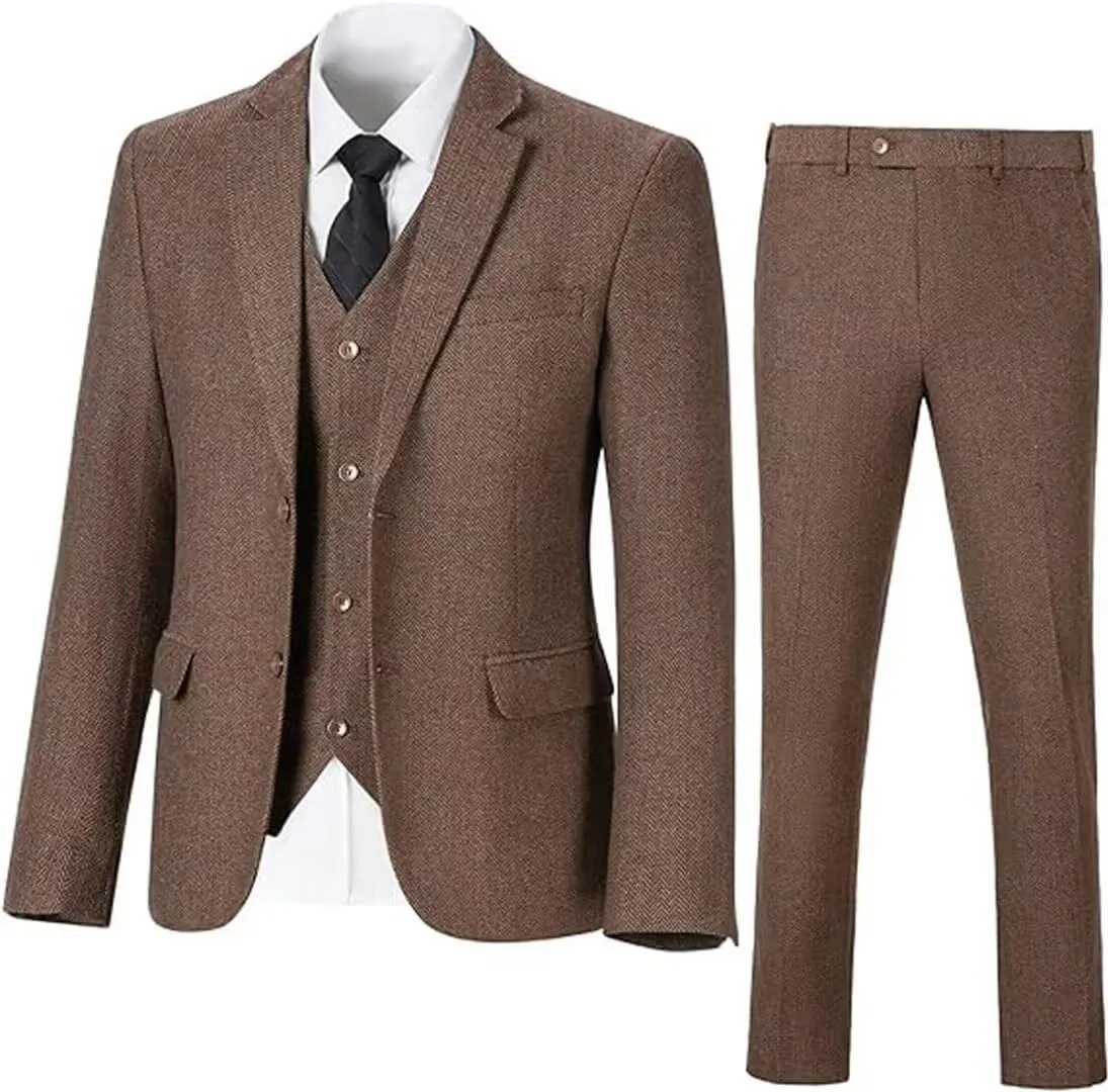 Retro 3 Piece Herringbone Tweed Suit Men's Wool Tuxedos Set Prom Brown Jacket Blazer Vest Pants Themed Wedding