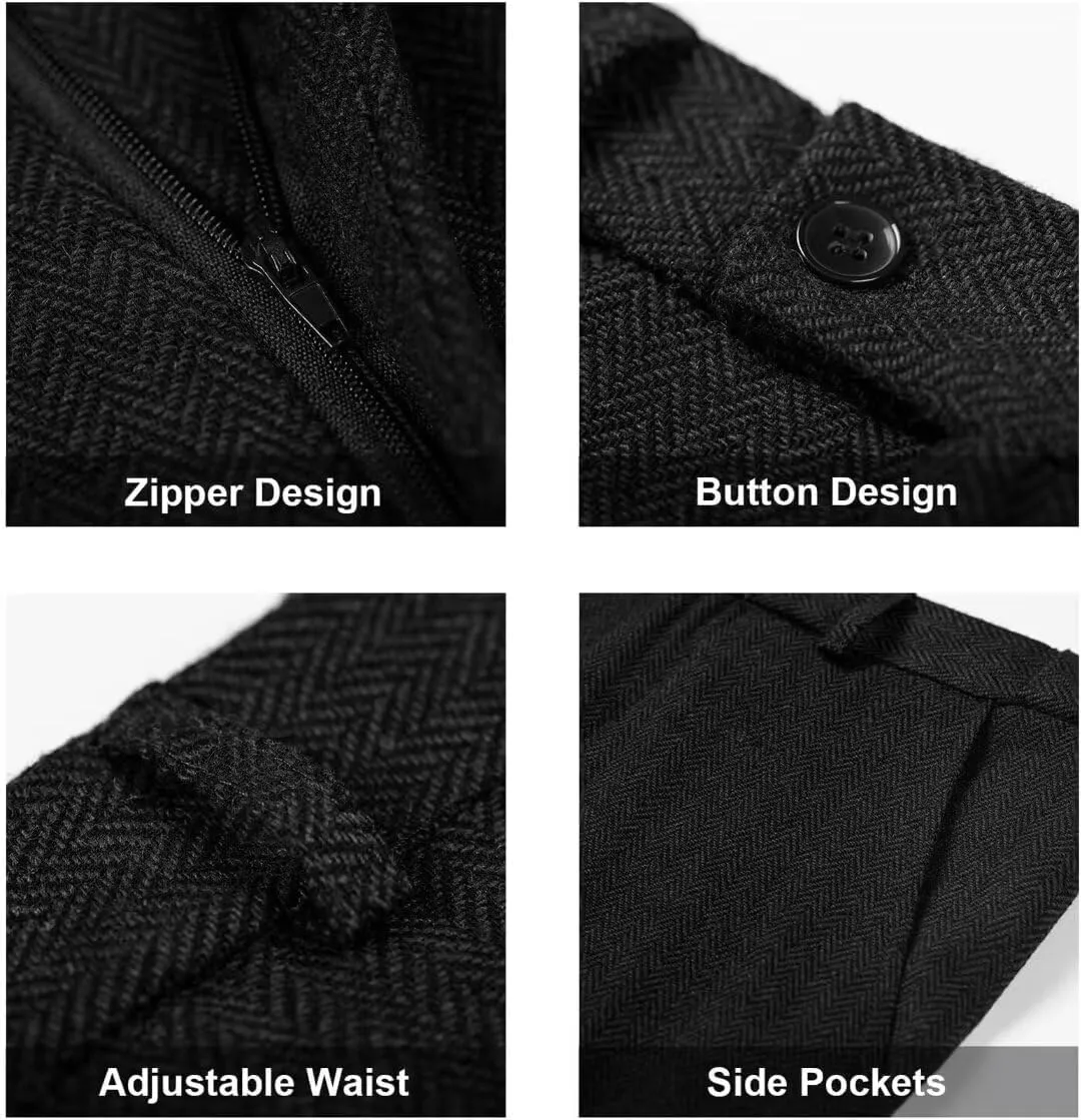 Retro 3 Piece Herringbone Tweed Suit Men's Wool Tuxedos Set Prom Brown Jacket Blazer Vest Pants Themed Wedding