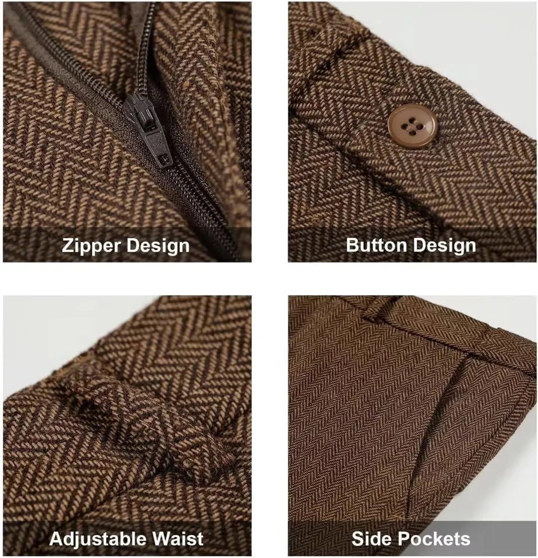 Retro 3 Piece Herringbone Tweed Suit Men's Wool Tuxedos Set Prom Brown Jacket Blazer Vest Pants Themed Wedding