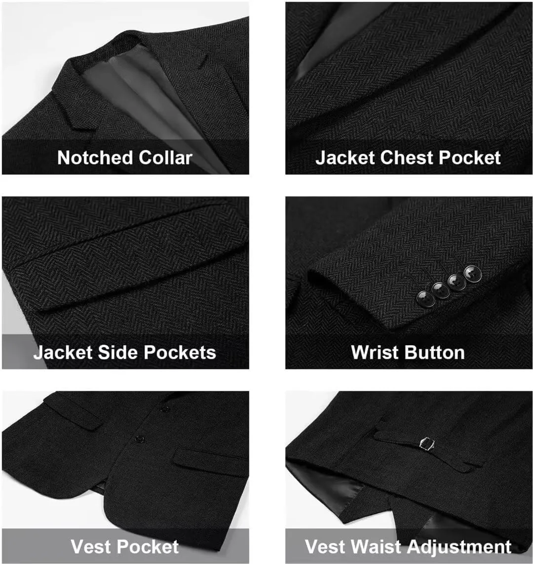 Retro 3 Piece Herringbone Tweed Suit Men's Wool Tuxedos Set Prom Brown Jacket Blazer Vest Pants Themed Wedding